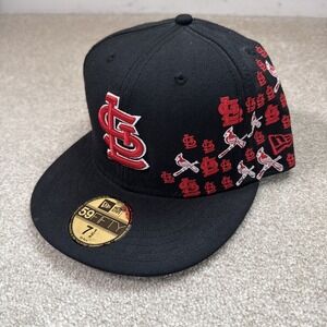 New Era 59FIFTY St. Louis Cardinals Black Red Embroidered AOP Hat Size 7 1/2